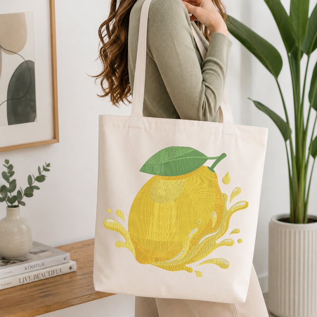 A person carrying a cream-colored canvas tote bag decorated with the embroidered lemon design.