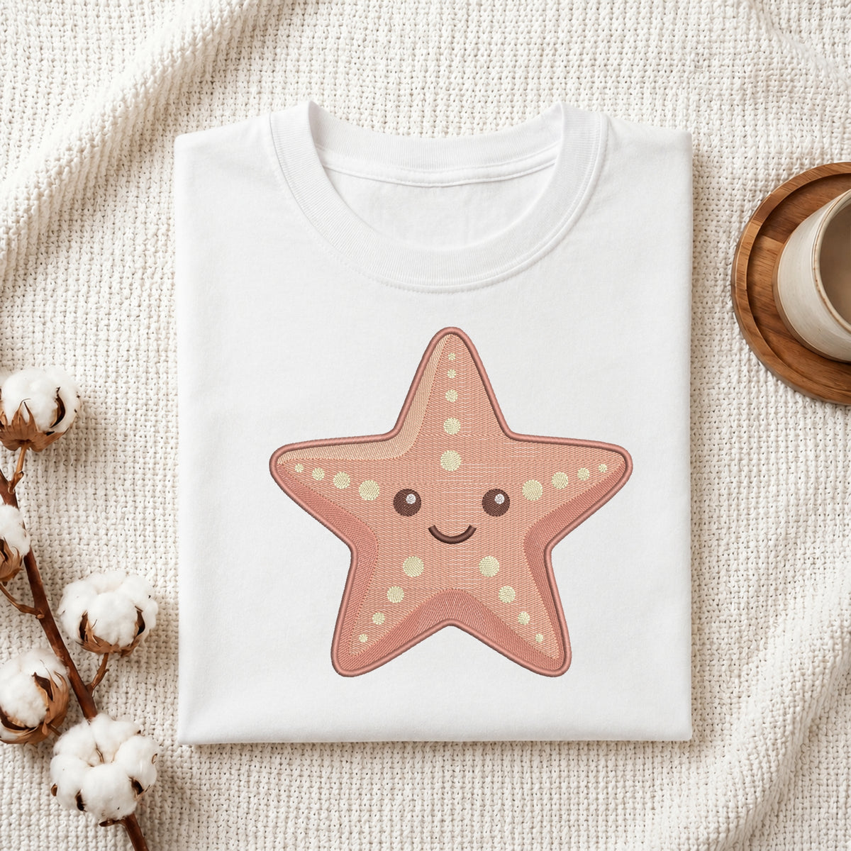 A folded white T-shirt with a cute pink starfish graphic on the front, styled on a textured cream fabric with cotton bolls and a wooden cup in the background.