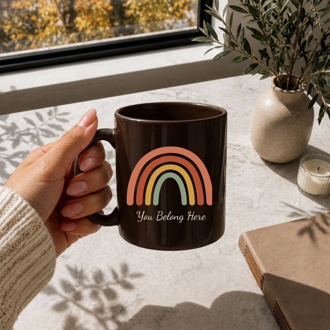 Dark Brown Ceramic Mug with Boho Rainbow Design Mockup
