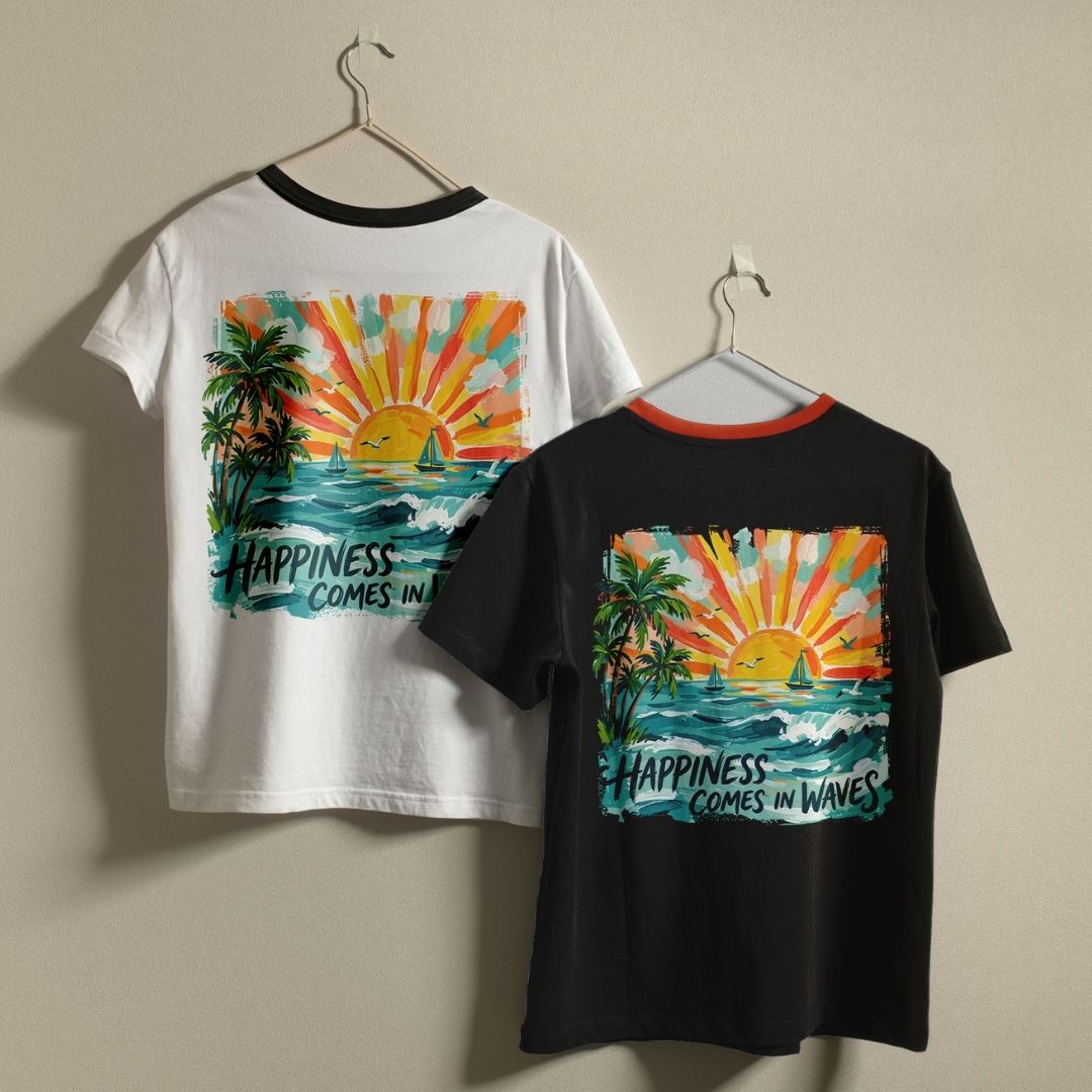 Two ringer t-shirts on hangers, one white and one black, both featuring a colorful tropical sunset graphic on the back with palm trees, waves, and the text 'HAPPINESS COMES IN WAVES'.