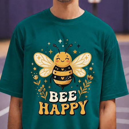 Person wearing a teal t-shirt with a bee graphic and 'Bee Happy' text.
