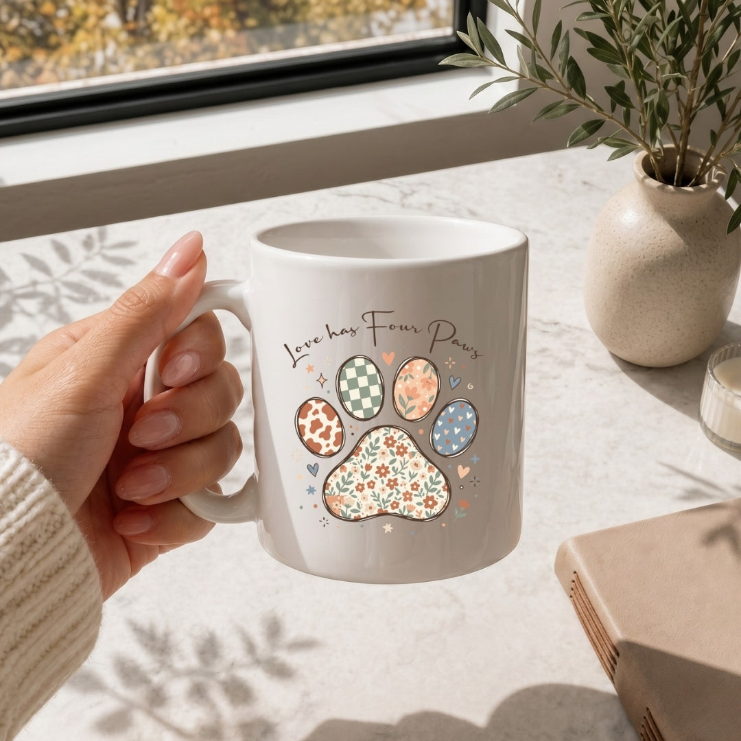 Person holding a mug with paw prints and text on a light surface with a plant in the background