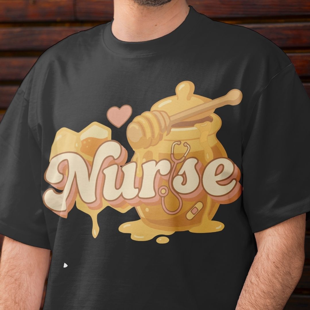 Black t-shirt with a honey jar and 'Nurse' text design.