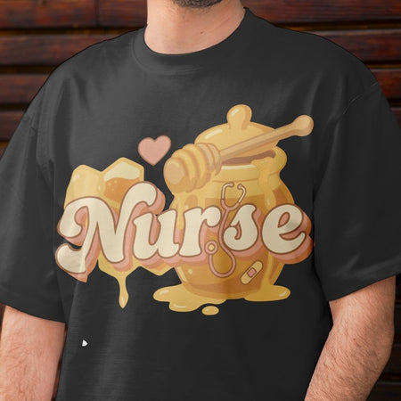 Black t-shirt with a honey jar and 'Nurse' text design.