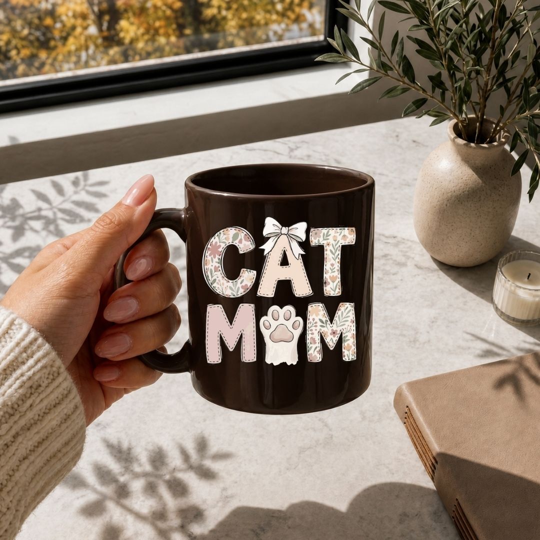 Dark Brown Ceramic Coffee Mug, Floral Cat Mom Mug Mockup, Coquette Bow Cat Lover Gift, Aesthetic Pet Owner Office Desk Drinkware