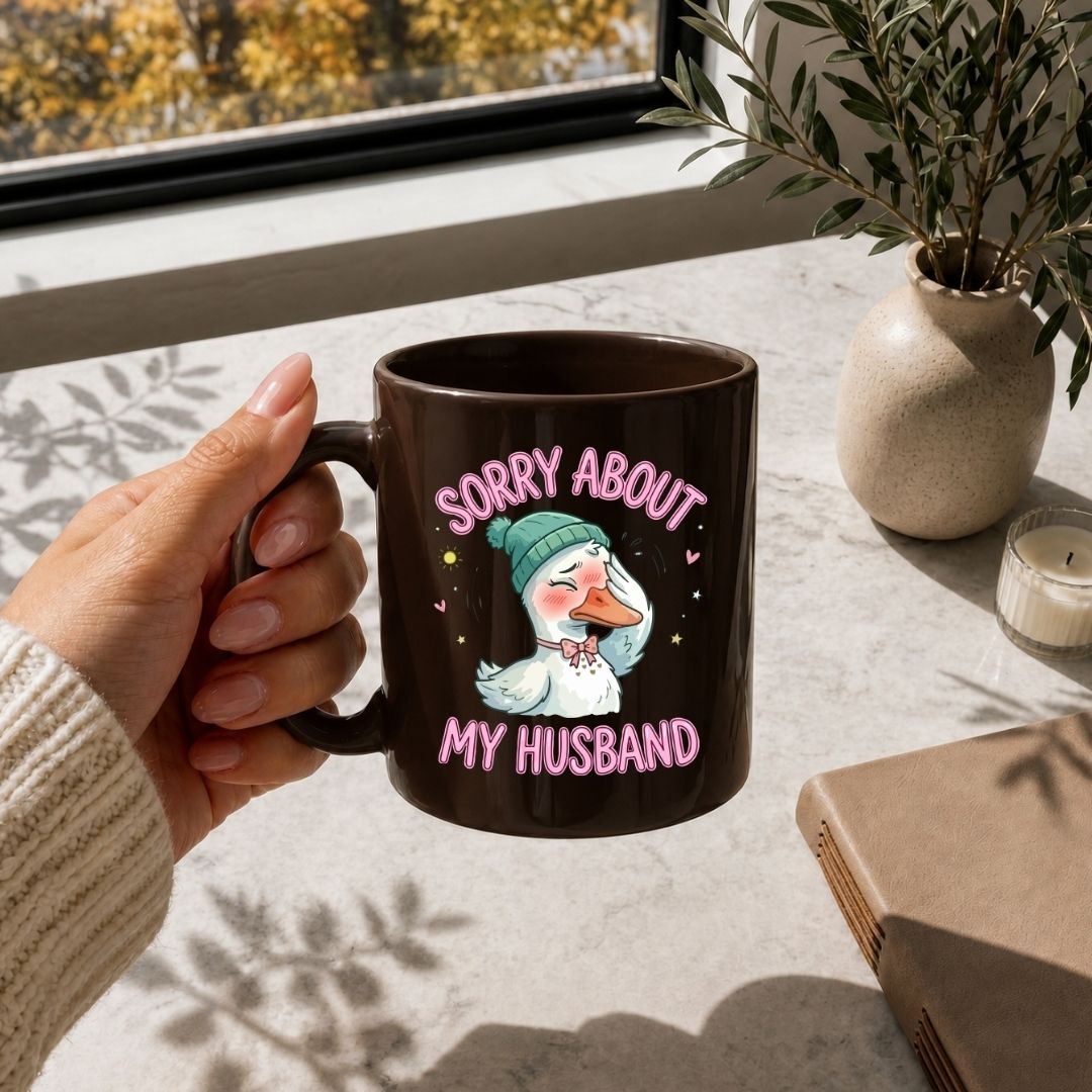 Dark Brown Ceramic Mug with Funny Blushing Duck Mockup