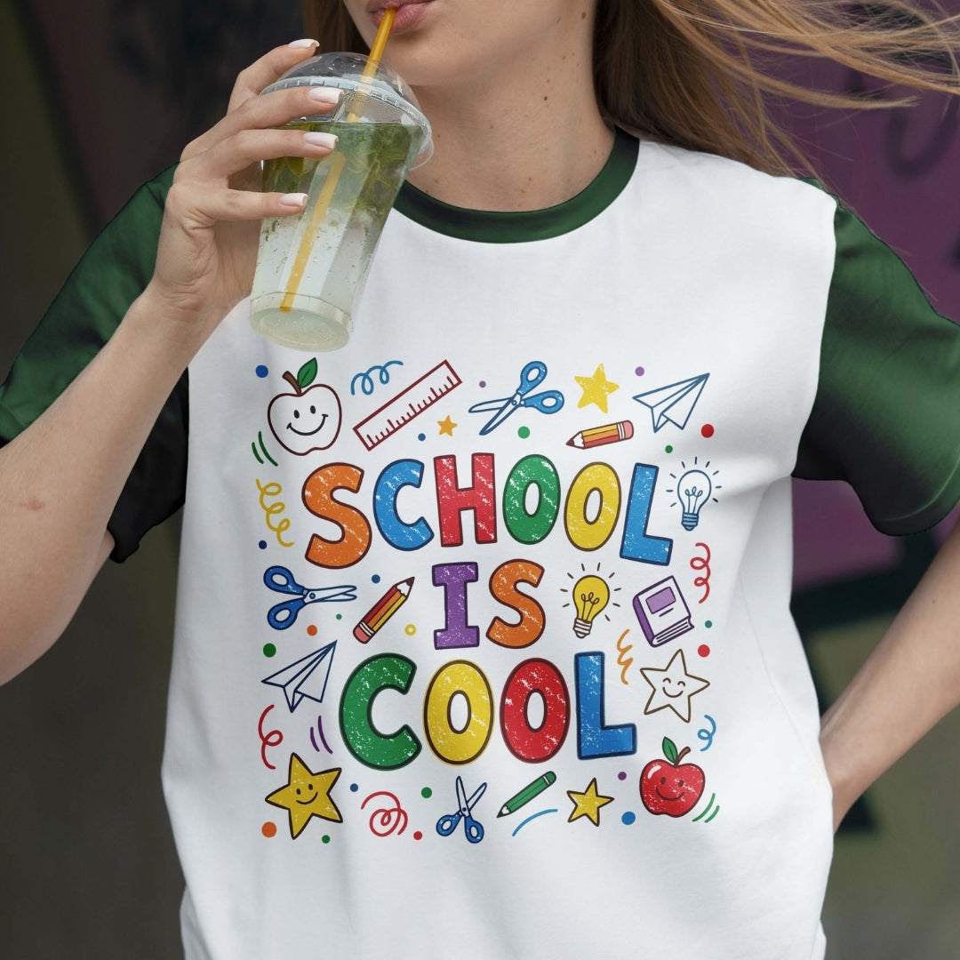 Person wearing a white t-shirt with colorful 'SCHOOL IS COOL' design, holding a drink.