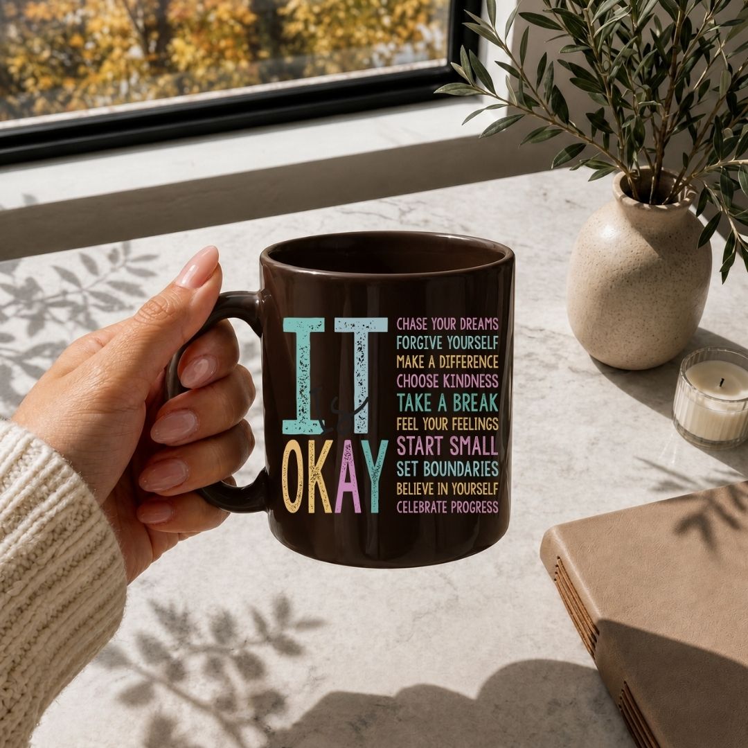 A hand holds a dark brown ceramic mug with a colorful motivational quote printed on it, set on a sunlit windowsill with a plant, candle, and notebook nearby.