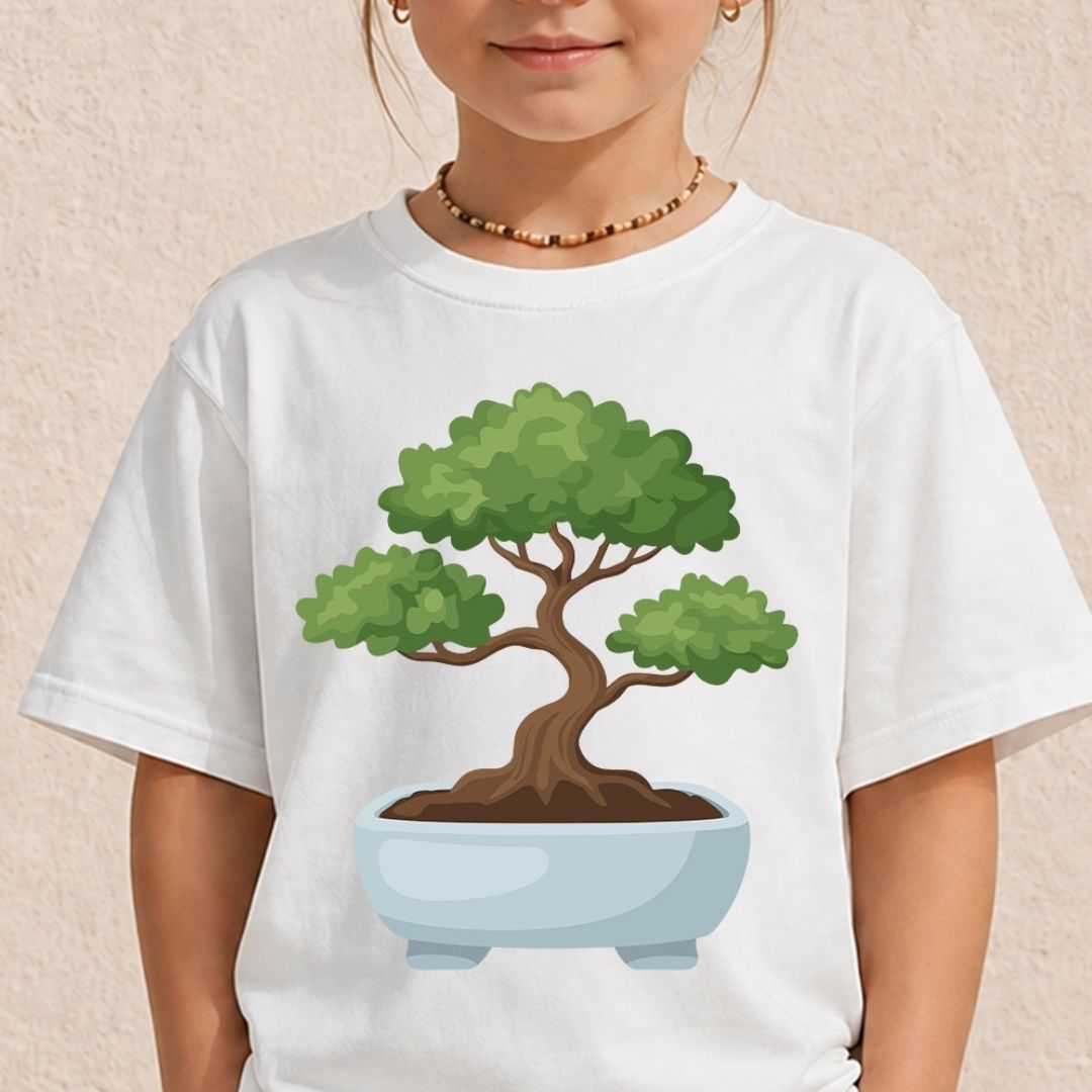 White kids t-shirt mockup displaying a peaceful potted bonsai tree graphic.