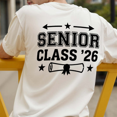 Person wearing a white t-shirt with 'Senior Class '26' printed on the back.