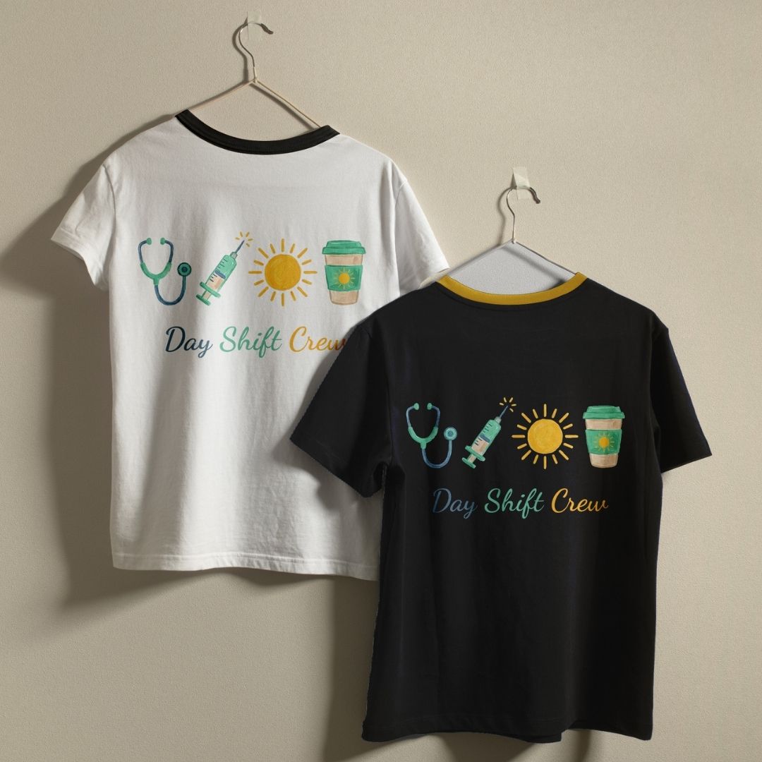 Medical Staff Apparel Tee Design SVG, Stethoscope and Sun Coffee Graphics, Commercial Use Digital Cut File