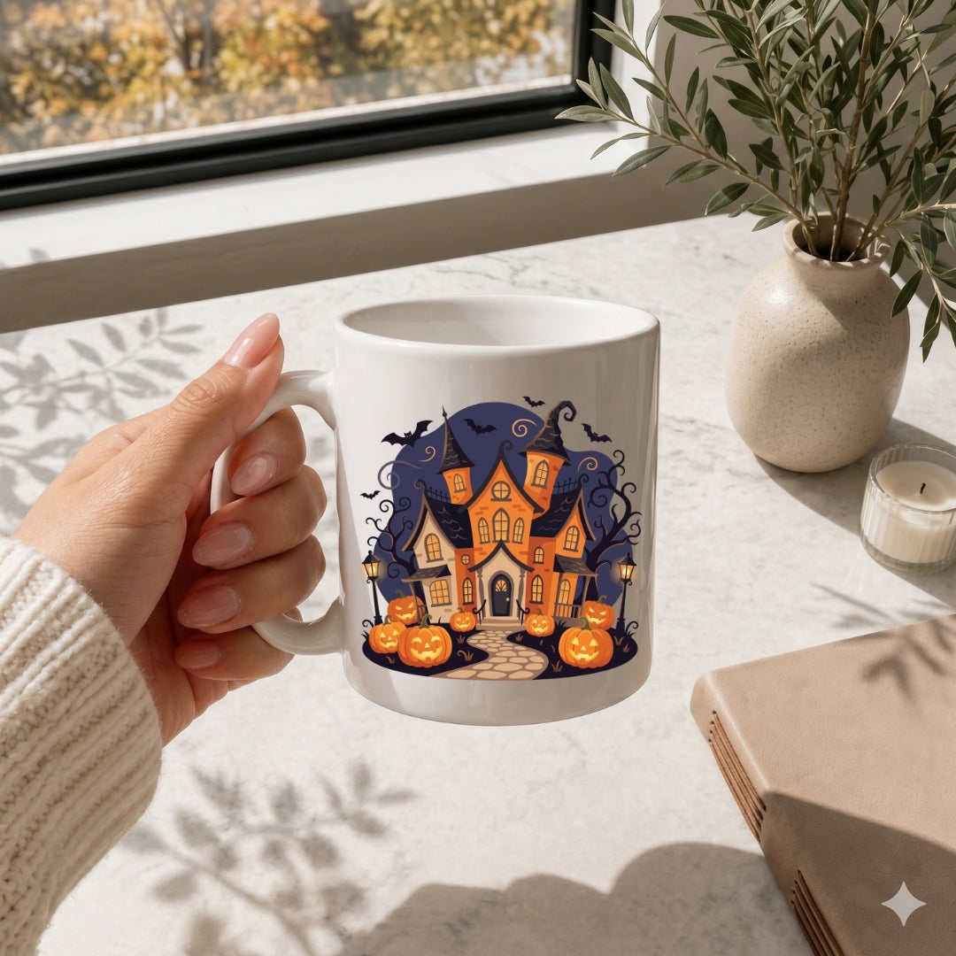 A hand holds a white ceramic mug featuring a colorful Halloween haunted house illustration with pumpkins, bats, and a full moon, set on a sunlit windowsill with a plant and candle in the background.
