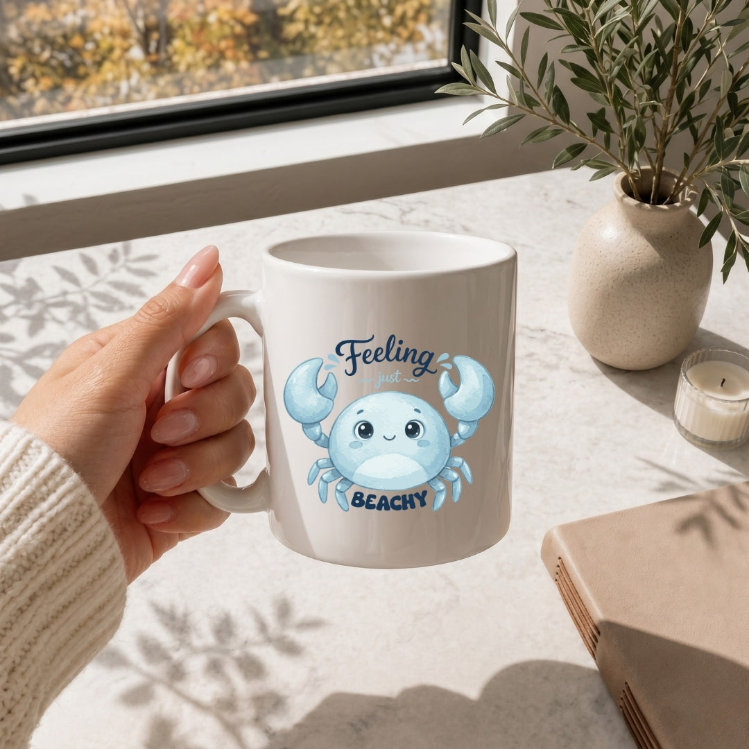 A woman with long brown hair holding a white ceramic mug featuring a blue cartoon crab graphic and the text "Feeling just BEACHY".