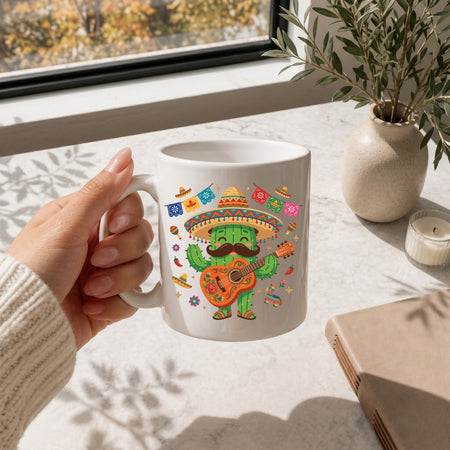 A hand holds a white ceramic mug featuring a colorful cartoon cactus character wearing a sombrero and playing a guitar, set on a sunlit windowsill with a plant and candle nearby.