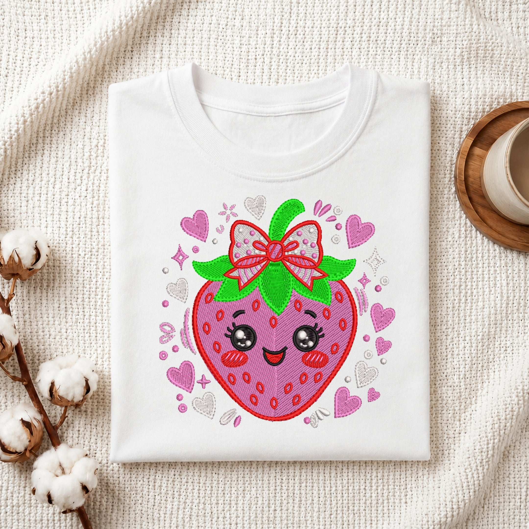 A folded white t-shirt featuring a cute, smiling pink strawberry with a decorative bow surrounded by hearts and sparkle accents, displayed on a textured fabric background with cotton stems.