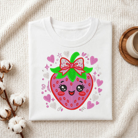 A folded white t-shirt featuring a cute, smiling pink strawberry with a decorative bow surrounded by hearts and sparkle accents, displayed on a textured fabric background with cotton stems.