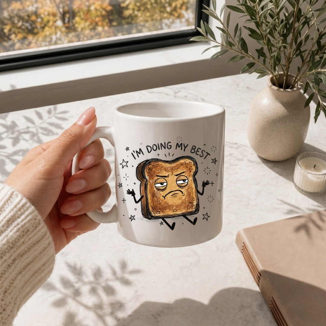 Hand holding a white ceramic coffee mug printed with the funny burnt toast graphic and text.