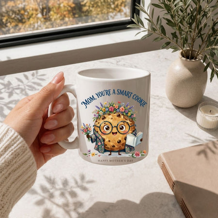 White Ceramic Coffee Mug, Mom You're a Smart Cookie Mug Mockup, Cute Floral Flower Crown Cookie Cup, Aesthetic Mother's Day Gift Drinkware