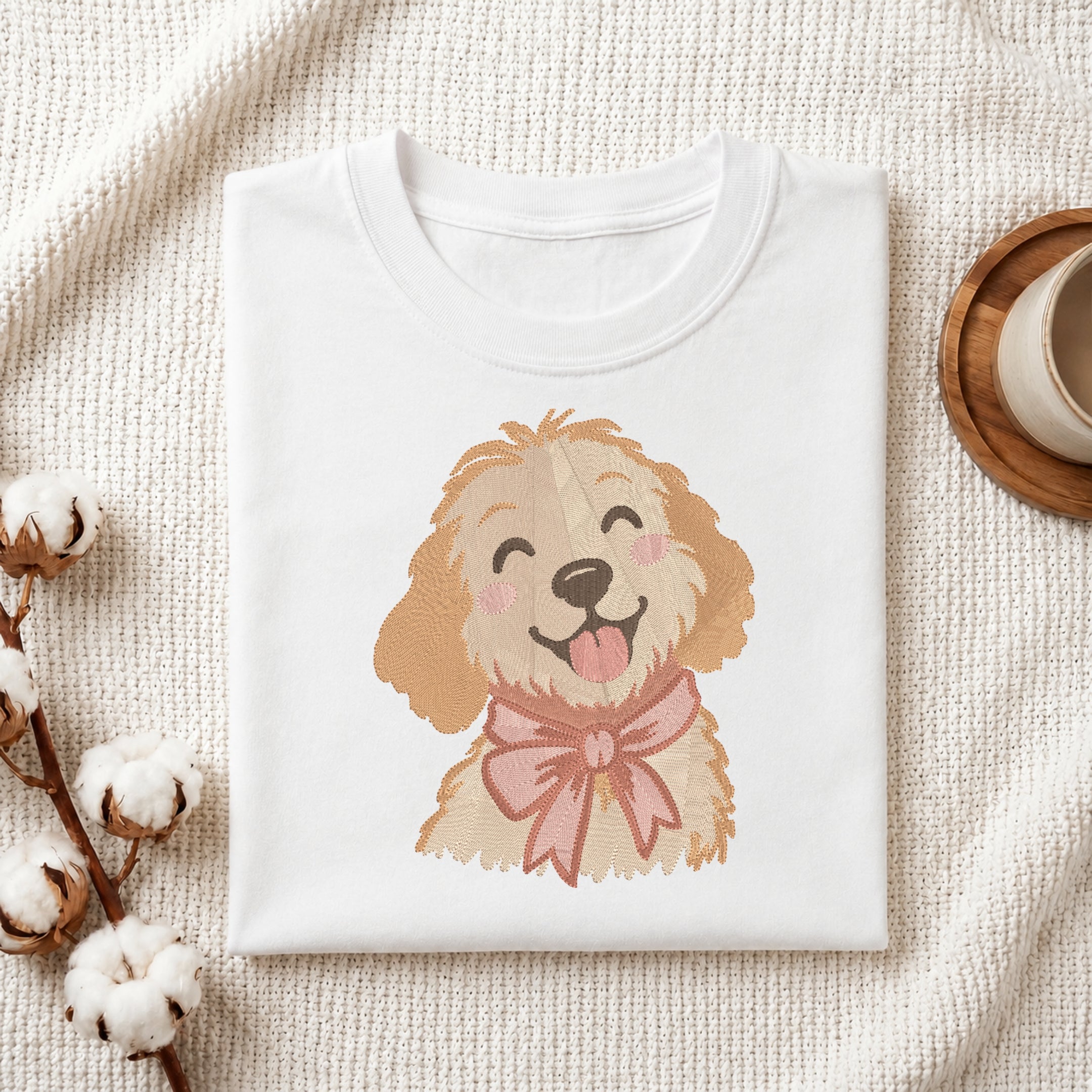 A folded white crewneck t-shirt featuring a cute cartoon illustration of a smiling golden dog with a pink bow, styled on a textured cream fabric with cotton bolls and a wooden cup.