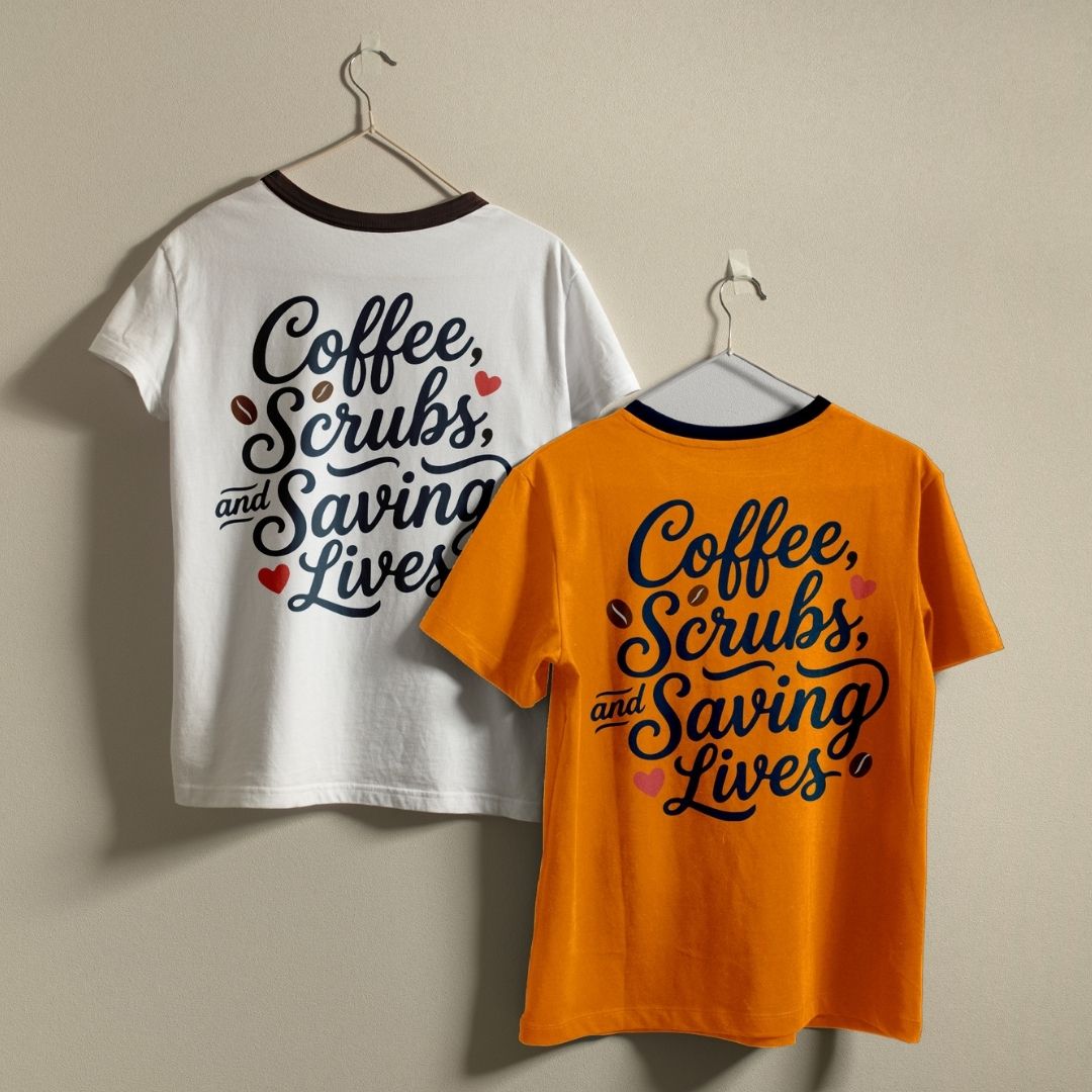 Two ringer t-shirts with the text 'Coffee, Scrubs, and Saving Lives' printed on the back, hanging on metal hangers against a plain beige wall. One shirt is white with a black collar and black lettering with small red heart and coffee bean accents.