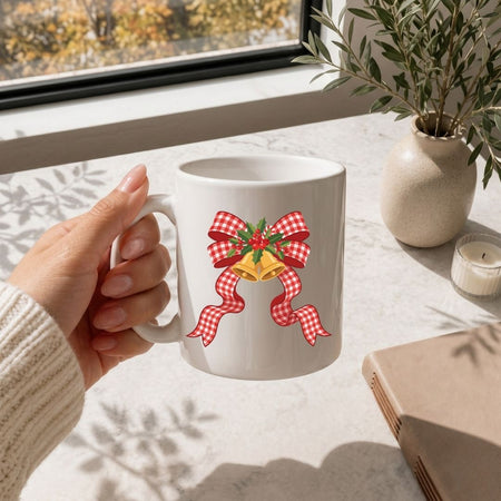 A hand holding a white ceramic mug decorated with a red and white gingham bow, green holly leaves, and two gold bells, set on a light marble table near a window with a potted plant and candle.