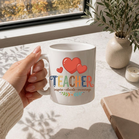 Teacher Appreciation Coffee Mug, Inspire Educate Encourage Mug Mockup, Classroom Teacher Ceramic Cup, School Educator Office Desk Drinkware