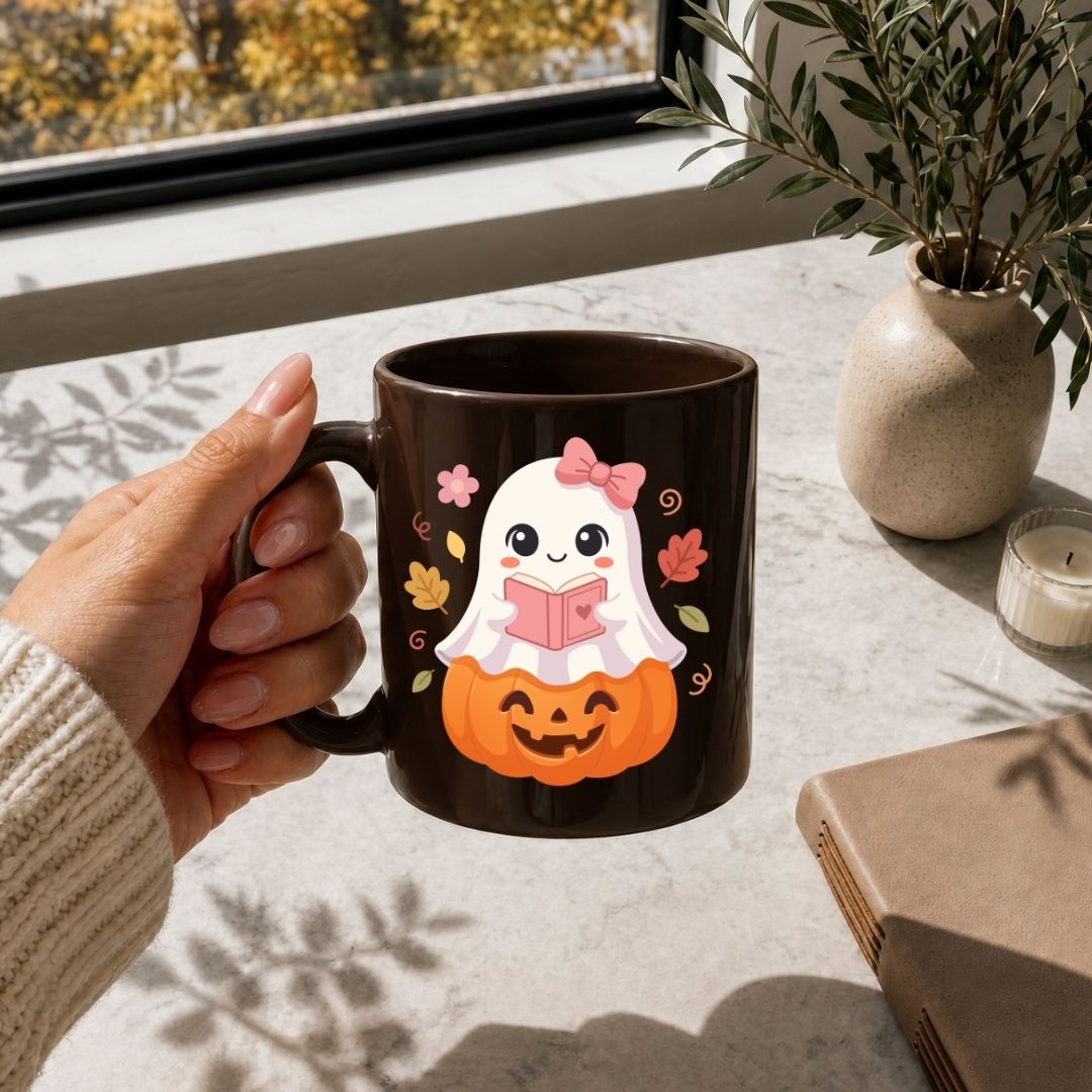 A hand holds a dark brown ceramic mug featuring a cute cartoon ghost reading an orange pumpkin book, decorated with small pink and orange leaves. The mug is shown in a cozy, sunlit room setting on a light stone table next to a potted plant and a candle.
