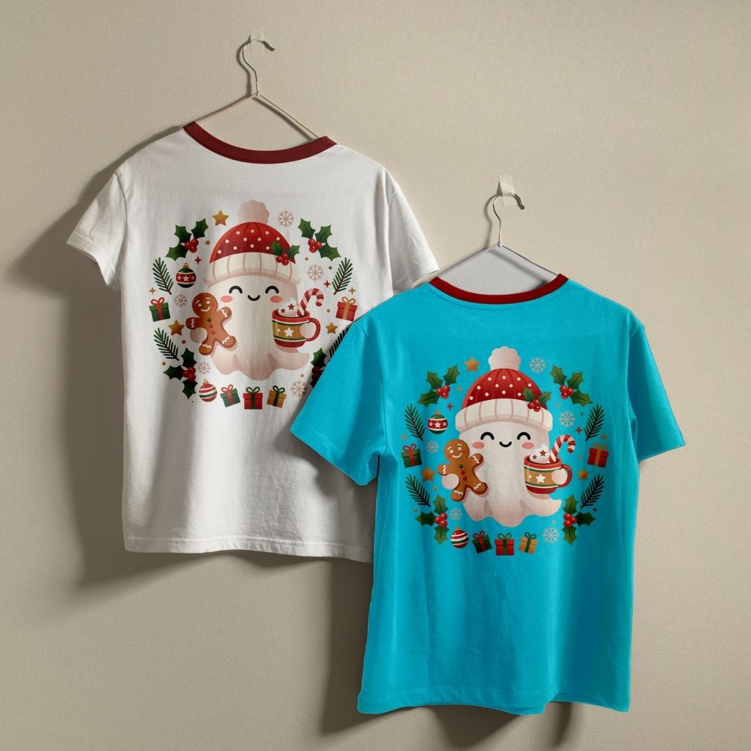 Two Christmas-themed short-sleeve t-shirts displayed on hangers against a plain beige wall. The left shirt is white with a red collar trim and shows a large back graphic of a smiling snowman in a red Santa hat surrounded by holiday wreaths, gingerbread men, gifts, and candy canes.