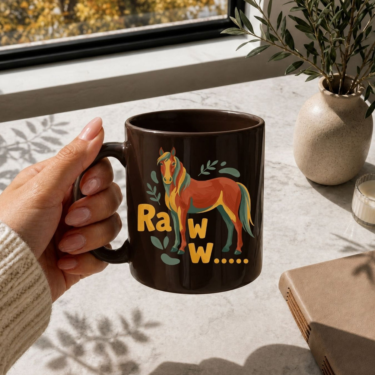 A hand holding a glossy brown ceramic coffee mug decorated with the watercolor horse graphic next to a leather journal on a marble counter.