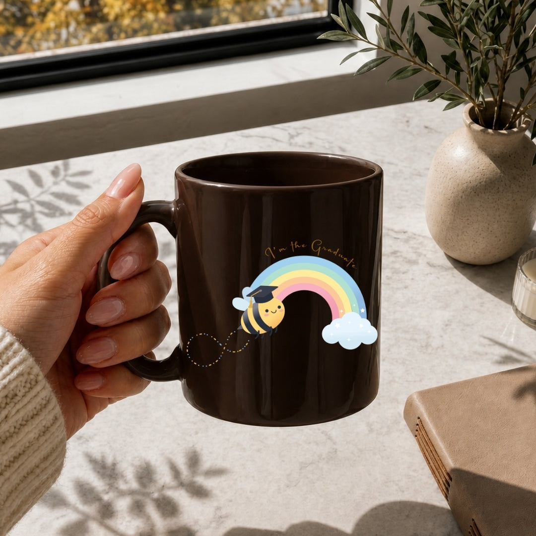 A hand holds a dark brown ceramic mug featuring a cute graduation bee and rainbow graphic, set on a marble tabletop near a window with a potted plant in the background.
