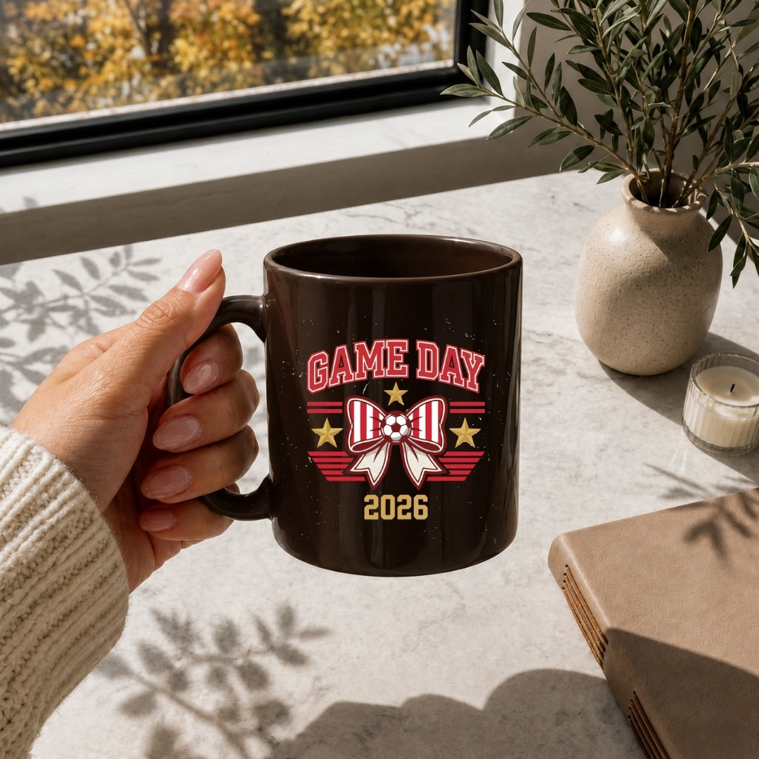 Dark Brown Ceramic Coffee Mug, Game Day 2026 Mug Mockup, Cute Soccer Bow Graphic Cup, Aesthetic Sports Fan Gift Drinkware
