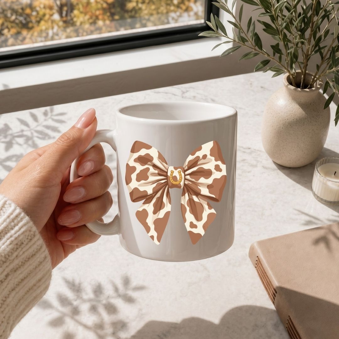 White Ceramic Coffee Mug with Western Bow Mockup