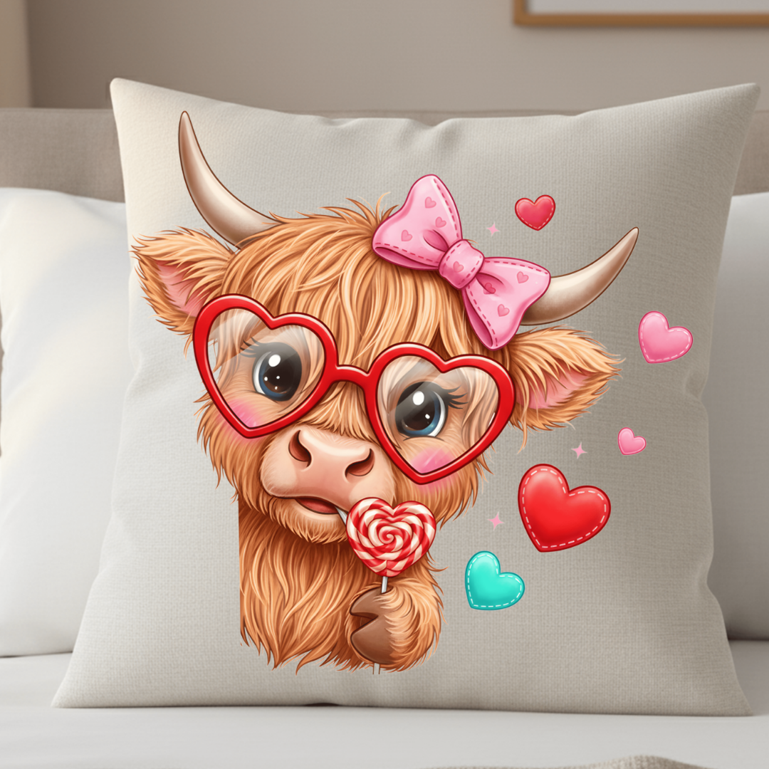 Pillow with a cartoon Highland cow wearing heart-shaped glasses and a pink bow, surrounded by hearts on a beige background.