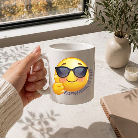 White Ceramic Mug with Sunglasses Emoji Mockup