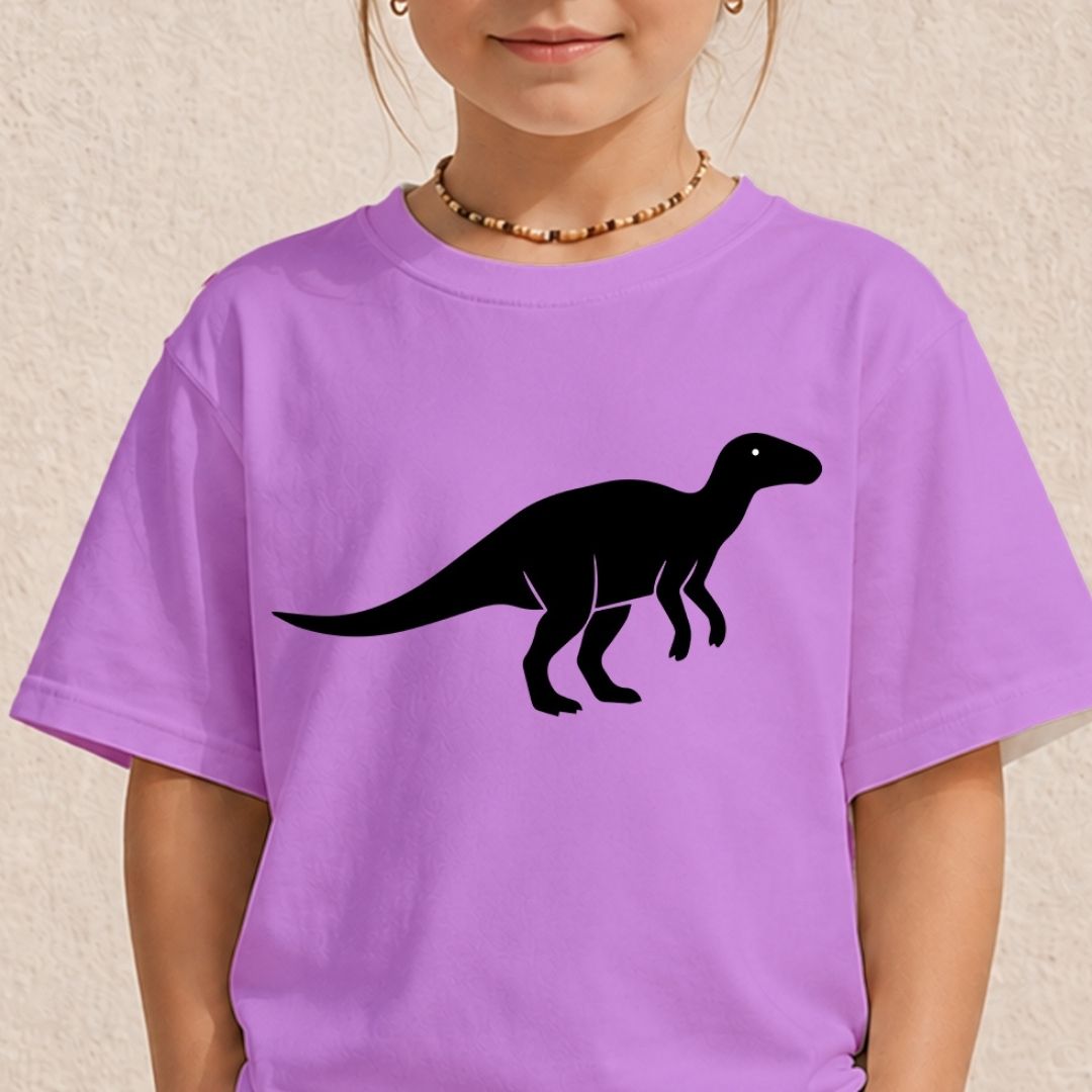 Light purple kids t-shirt mockup with a black Parasaurolophus silhouette graphic.