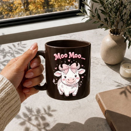 Dark Brown Ceramic Coffee Mug, Moo Moo Cow Mug Mockup, Cute Whimsical Calf holding Flowers Cup, Aesthetic Gift Drinkware