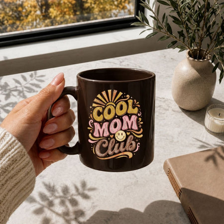 Groovy Cool Mom Club Coffee Mug, Retro Smiley Face Ceramic Cup, Mother's Day Gift Idea, Aesthetic Pet Owner Office Desk Drinkware