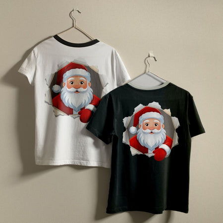 Two crewneck t-shirts in white and black hanging on a wall, both featuring a smiling Santa Claus breaking through a torn paper background.