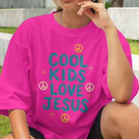 Cute Cool Kids Love Jesus PNG | Oversized Bright Pink Tee Sublimation File