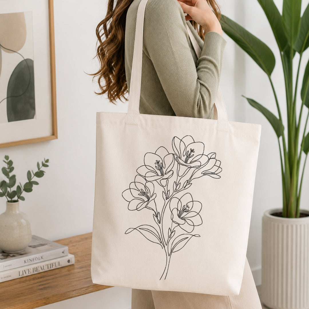 Freesia Flower Line Art Canvas Tote Bag, Custom Embroidered Tote Mockup, Botanical Accessories Pattern, Machine Embroidery Project Idea