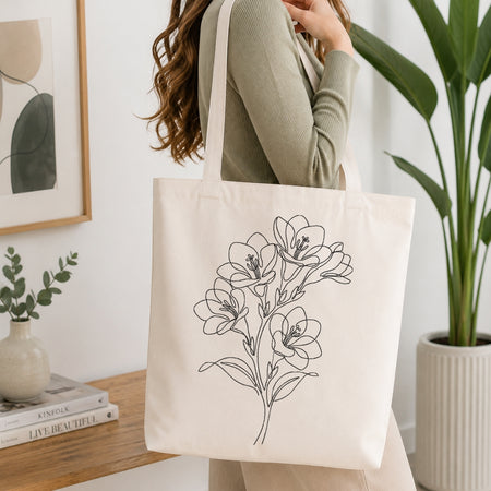 Freesia Flower Line Art Canvas Tote Bag, Custom Embroidered Tote Mockup, Botanical Accessories Pattern, Machine Embroidery Project Idea