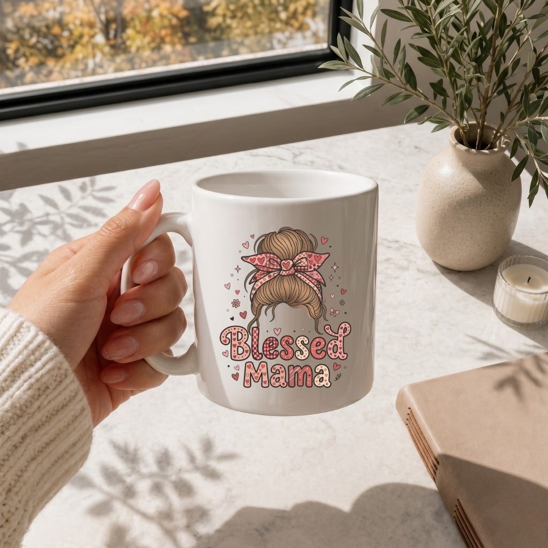 Person holding a mug with 'Blessed Mama' design on a table with a window and plant in the background