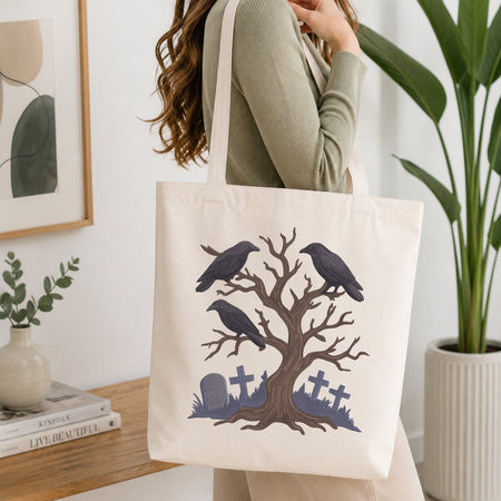 A person wearing a sage green ribbed sweater carries a cream canvas tote bag with a graphic of a bare tree, two black crows, and gray tombstones. The scene is set in a bright, modern room with a wooden table, books, a small plant, and a large green potted plant in the background.