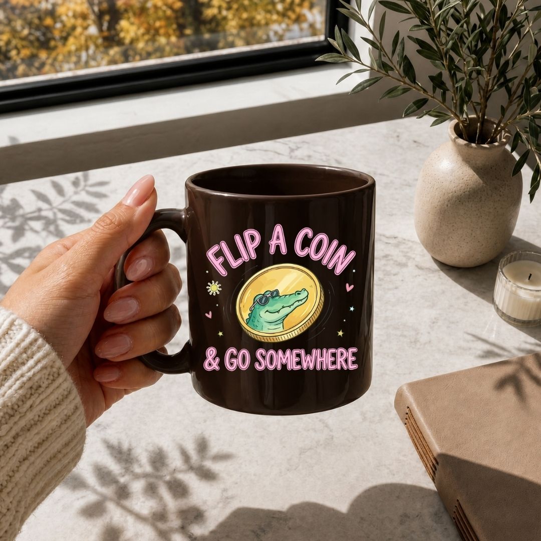 Dark Brown Ceramic Mug with Alligator Coin Graphic Mockup