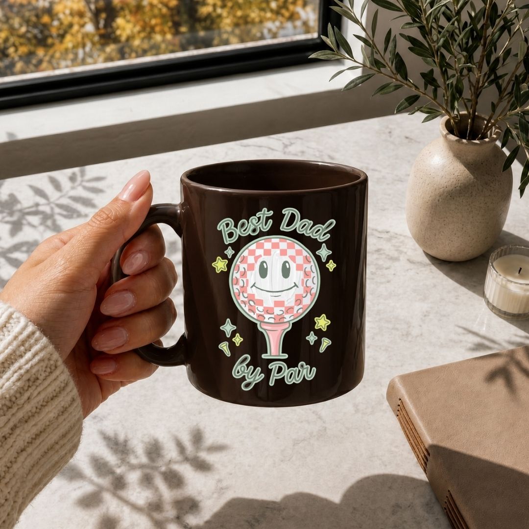 Best Dad By Par Coffee Mug SVG, Golf Lover Cup Design, Transparent Smiley Ball PNG Wrap