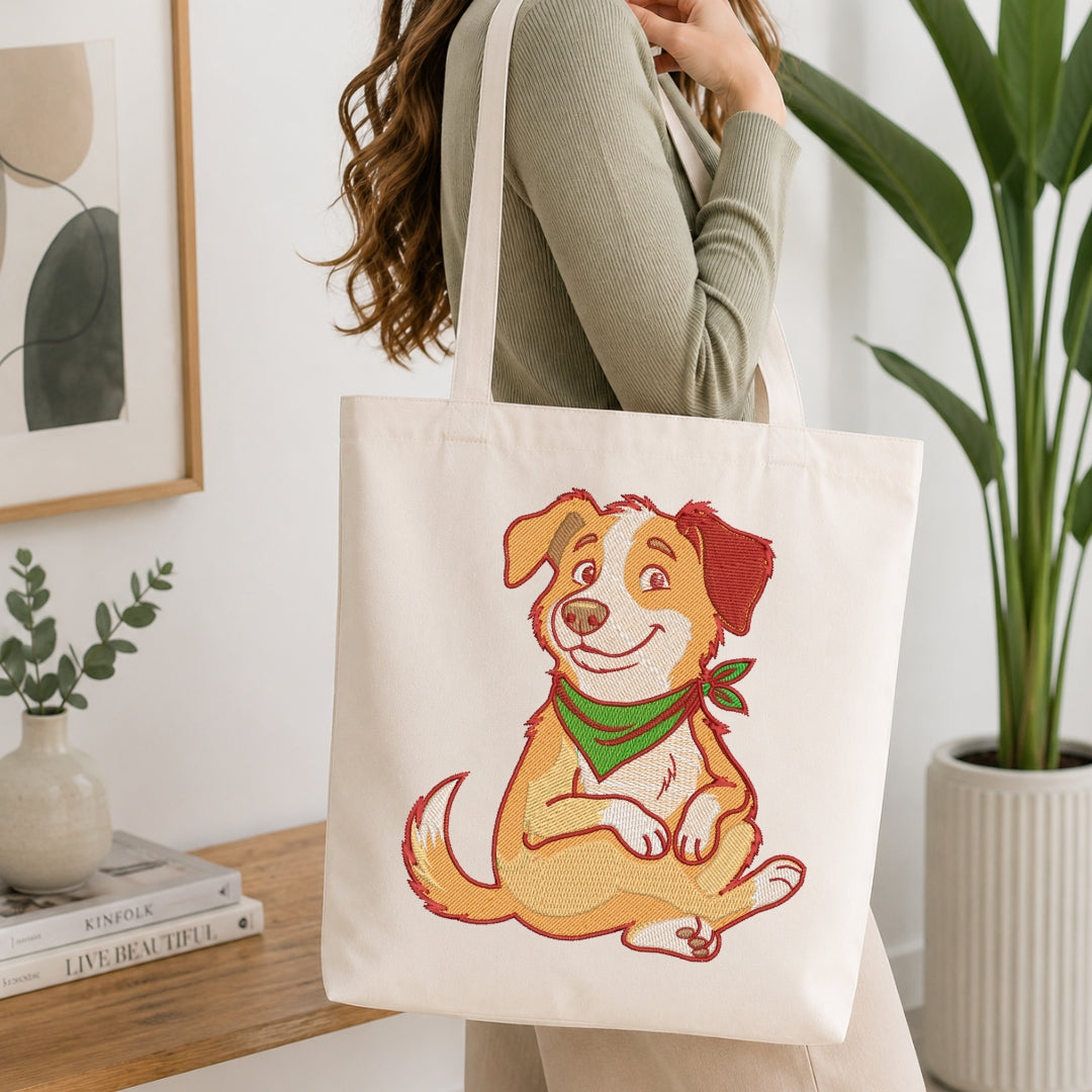 A person carrying a cream-colored tote bag showcasing an embroidered design of a smiling dog wearing a green bandana.