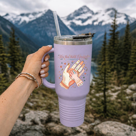 Lavender 40oz Travel Tumbler with Handle, Insulated Christian Motherhood Straw Cup, For This Child I Prayed Travel Mug, Large Stainless Steel Bottle