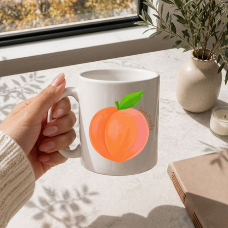 Just Peachy Coffee Mug SVG, Cute Motivational Fruit Gift Cup Design, Transparent Peach PNG Wrap
