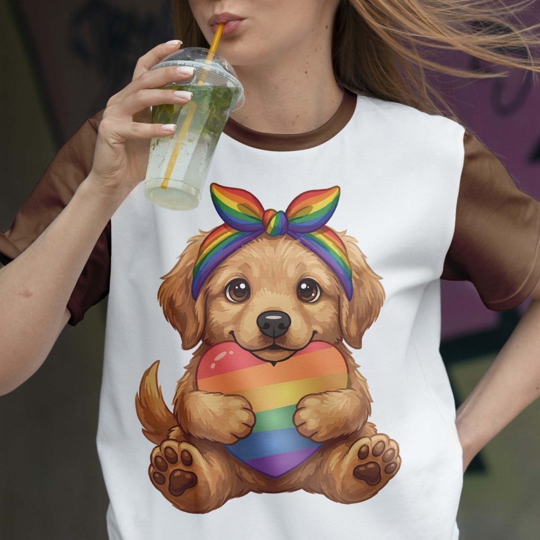 Person wearing a t-shirt with a dog holding a rainbow heart design.