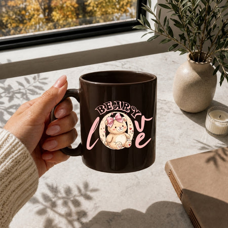 Dark Brown Ceramic Mug with Teddy Bear Design Mockup